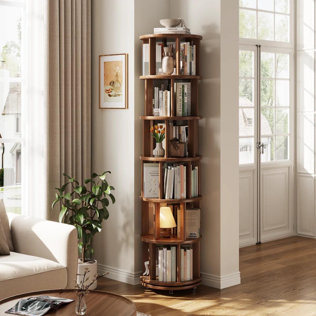 360° Rotating Solid Wood Bookshelf, Equipped with Brake Wheels, Allowing for Flexible Adjustment