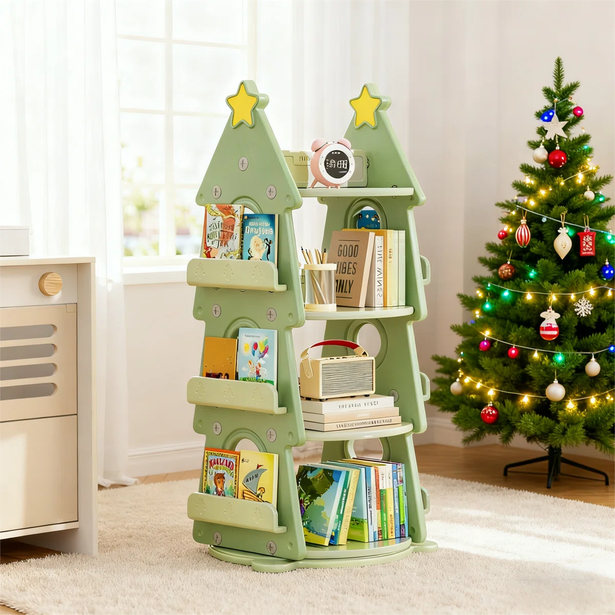 4 Tier Kids Rotating Bookshelf, 360°display Spinning Bookshelf Tower, Floor Standing Bookcase