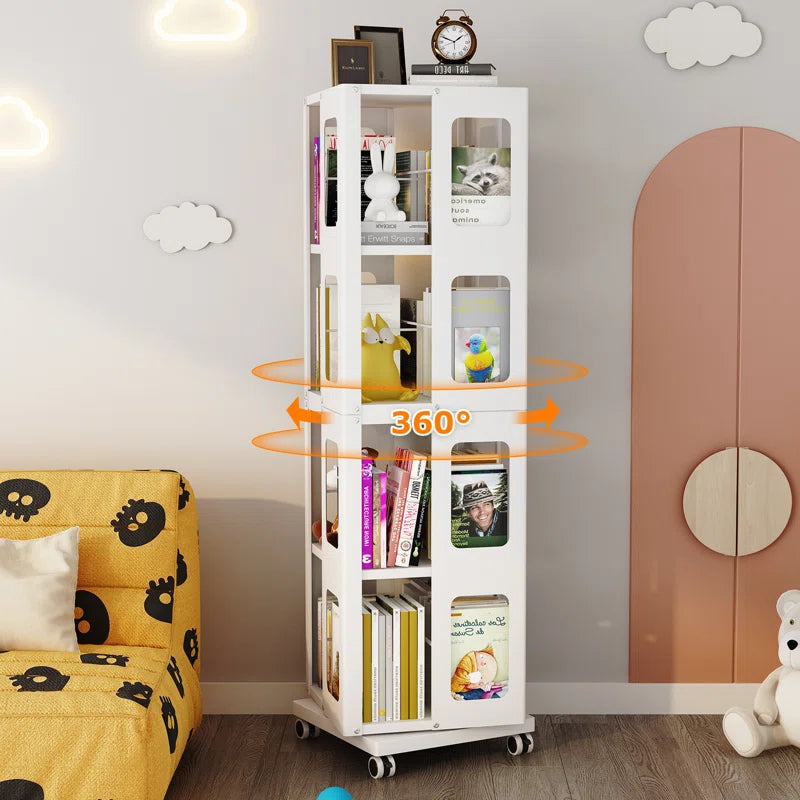 4-tier All-steel Rotating Bookshelf With 360° Wheels, Large Size Sturdy & Spacious Book Rack, New Style White Bookshelf,easy Assembly