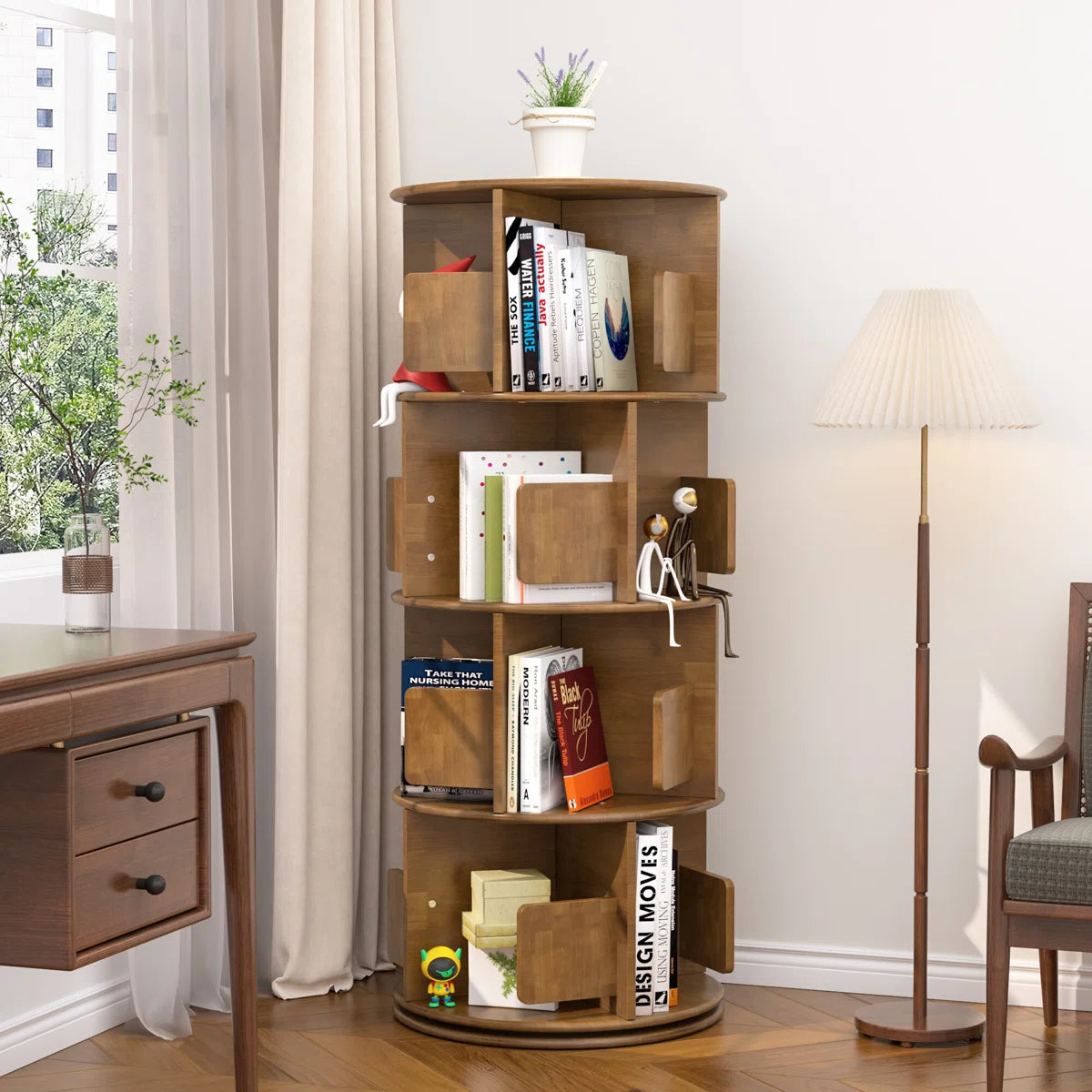 51.18"H × 15.75" H 4-tier Rotating Bookcases Tower White, Wooden Spinning Bookshelves 360° Rotation Display, Revolving Bookcase Storage Round Carousel, Corner Free Standing Shelf For Book