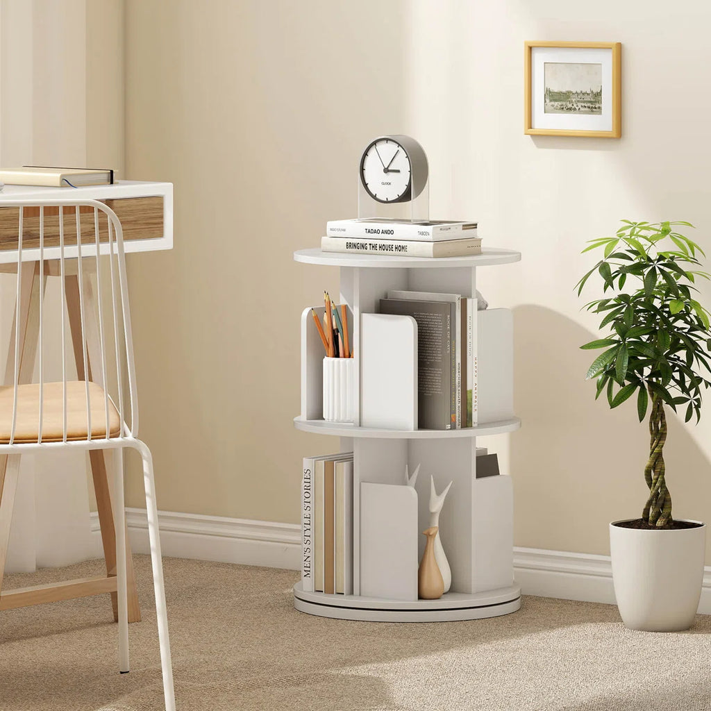 1 PCS 2-Tier Rotating Bookshelf 360° Display Rack with Dividers & Anti-falling Baffles White