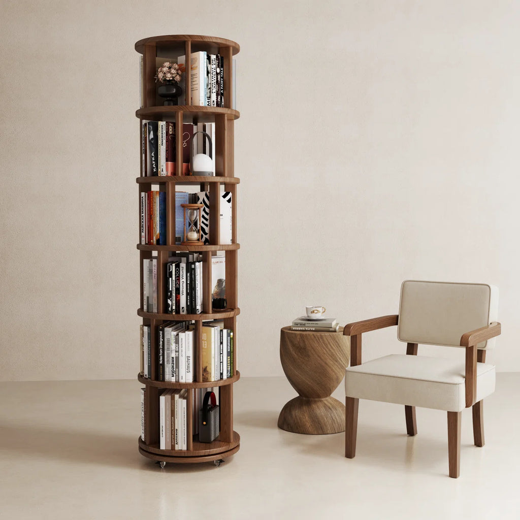 360° Rotating Solid Wood Bookshelf, Equipped with Brake Wheels, Allowing for Flexible Adjustment