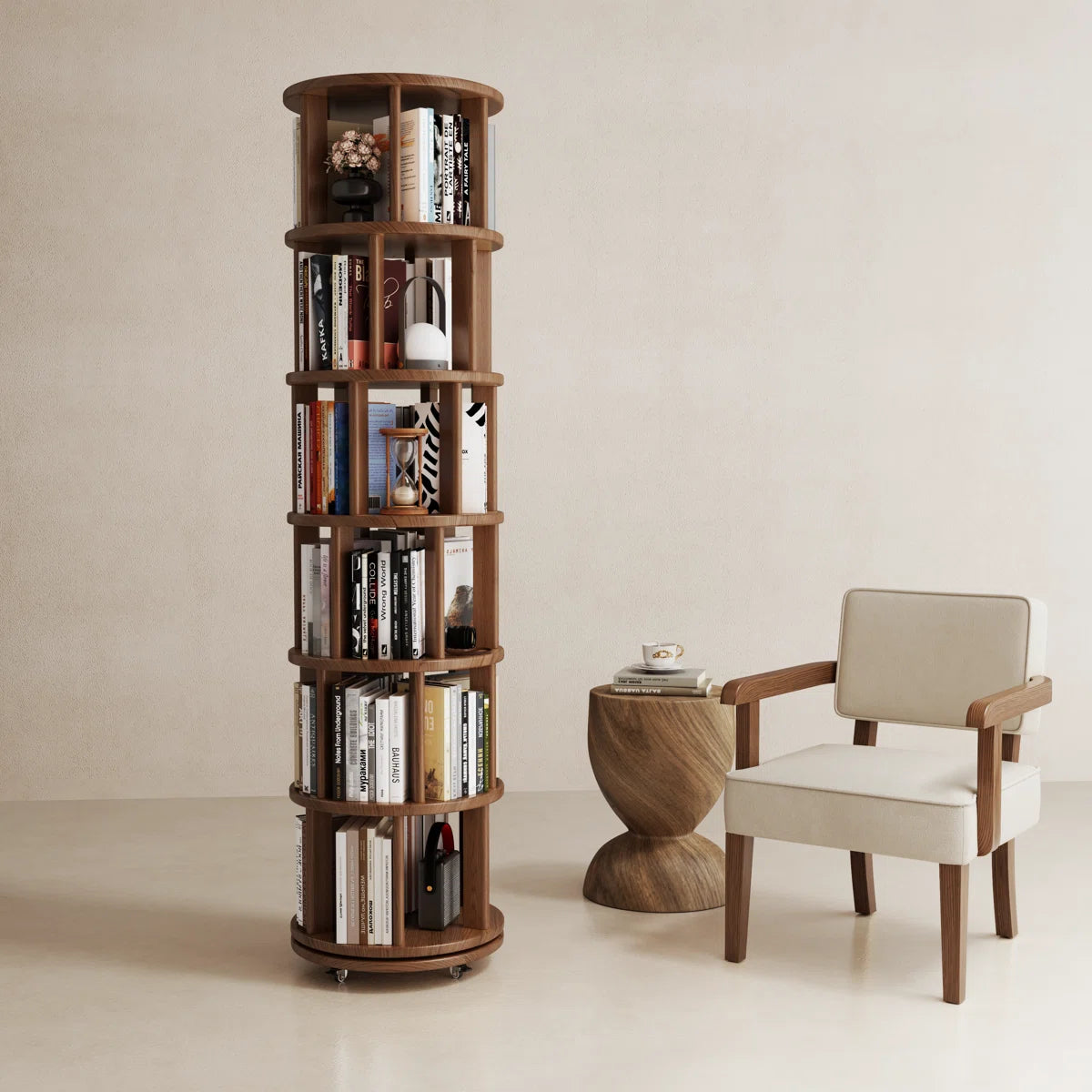 360° Rotating Solid Wood Bookshelf, Equipped with Brake Wheels, Allowing for Flexible Adjustment