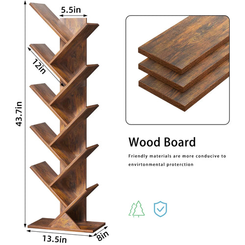10 Tier Tree Book Shelf, Floor Standing Wood Bookshelf for Narrow Space, Storage Organizer Bookshelves for Books/CDs/Magazine, Bookcase with Shelves for Home Office, Living Room