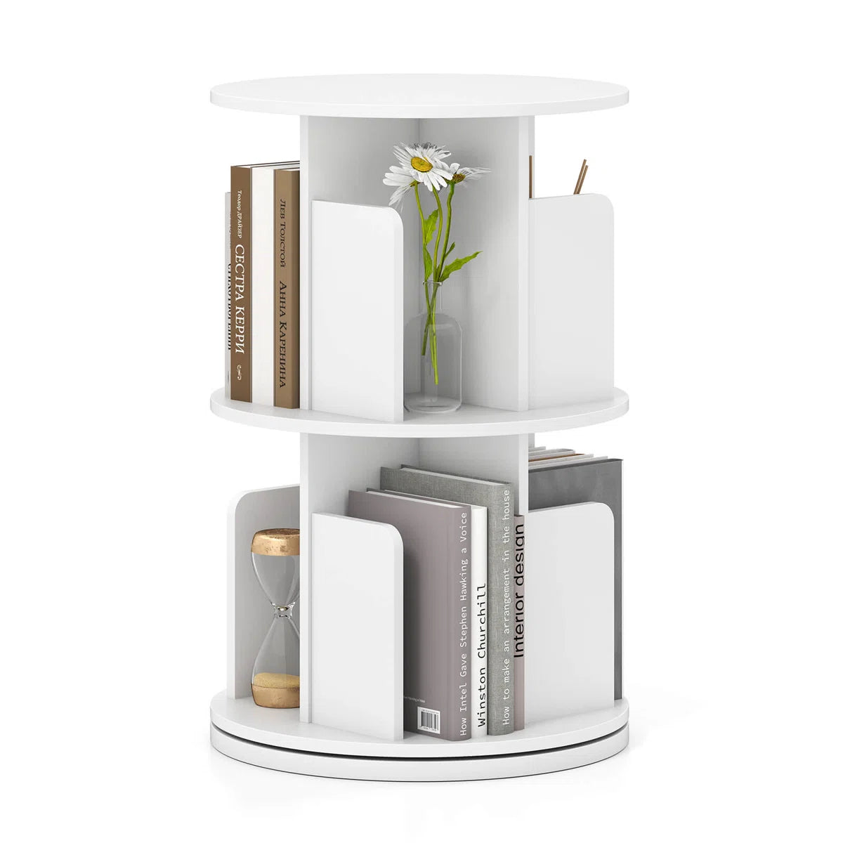 1 PCS 2-Tier Rotating Bookshelf 360° Display Rack with Dividers & Anti-falling Baffles White