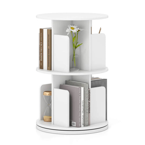 1 PCS 2-Tier Rotating Bookshelf 360° Display Rack with Dividers & Anti-falling Baffles White