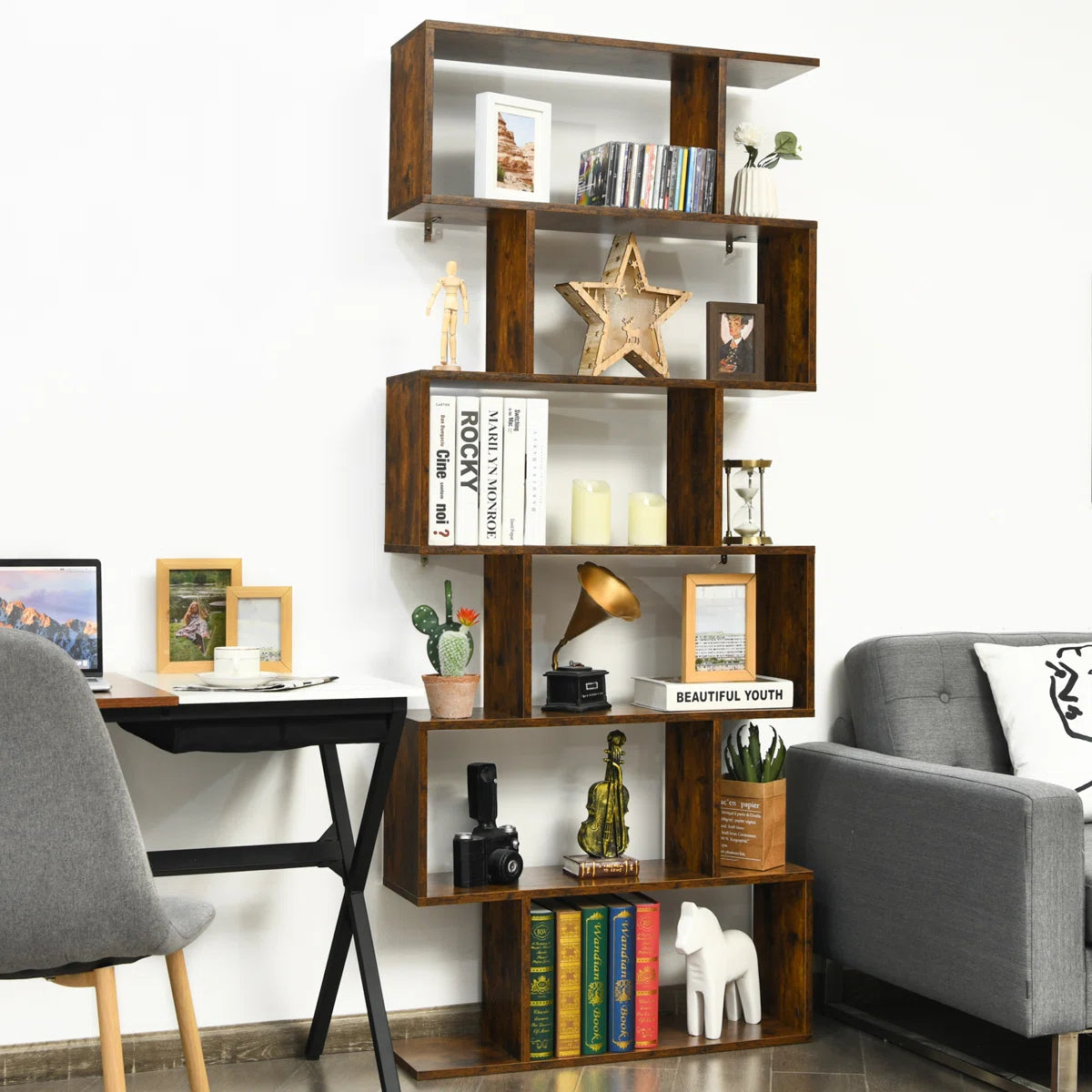75'' H X 31.5'' W 6-Tier Geometric Bookcase