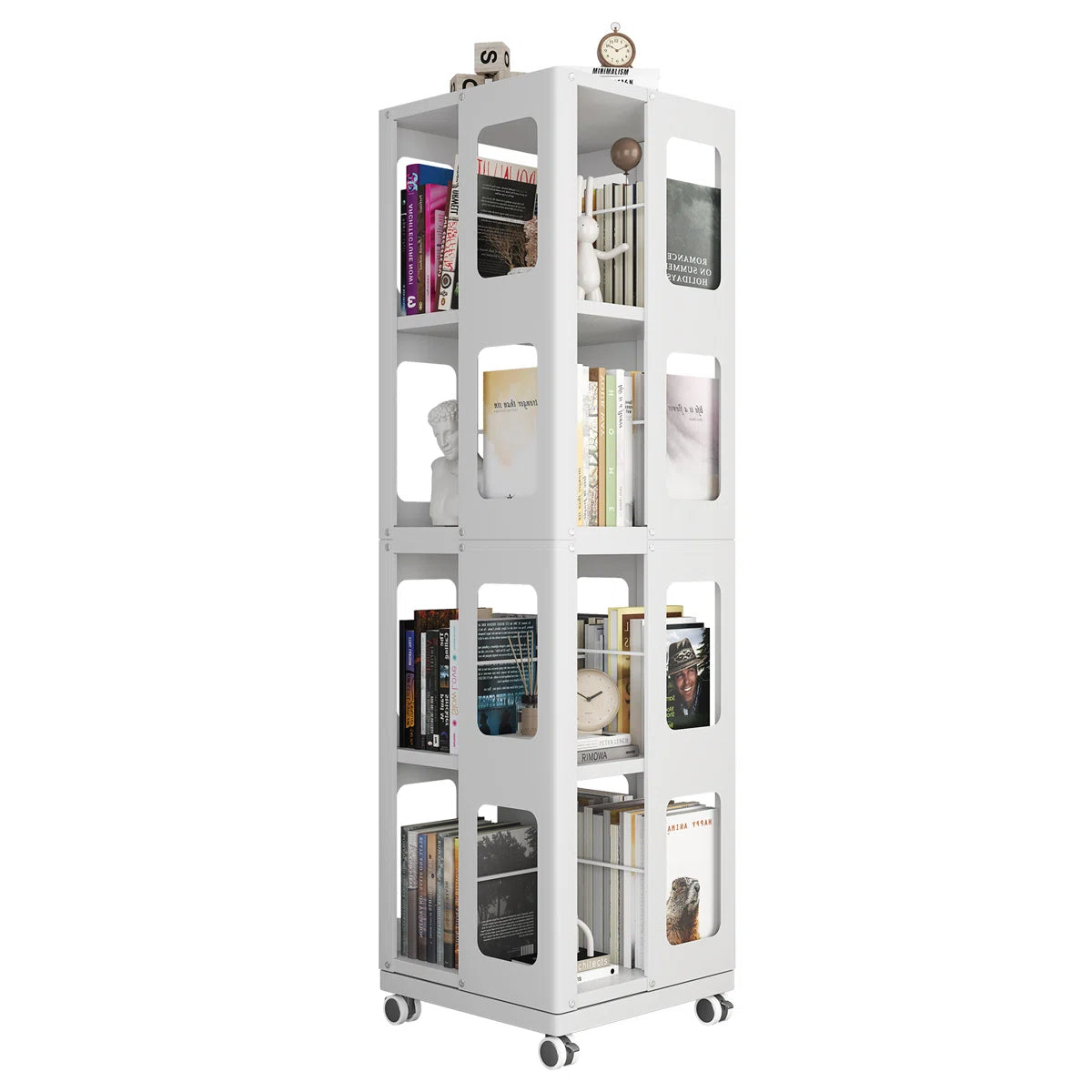 4-tier All-steel Rotating Bookshelf With 360° Wheels, Large Size Sturdy & Spacious Book Rack, New Style White Bookshelf,easy Assembly