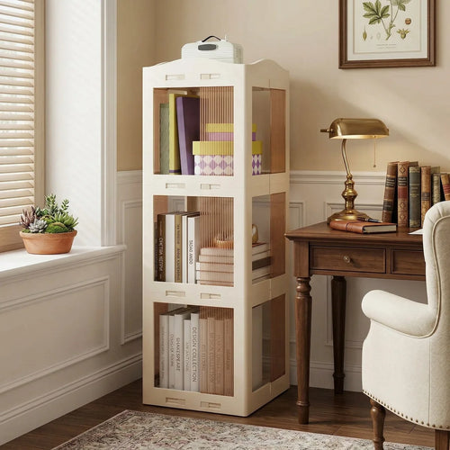 3-Tier Foldable 360° Rotating Storage Bookshelf, Stable Anti-Scratch Swivel Base & Dust-Proof Translucent Panels, Space-Saving Fits Study, Bedroom