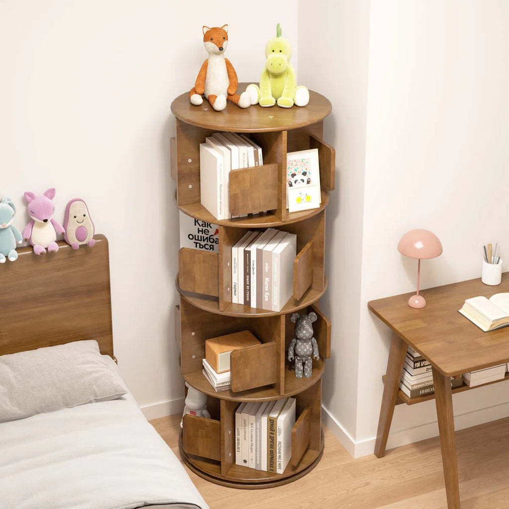 51.18"H × 15.75" H 4-tier Rotating Bookcases Tower White, Wooden Spinning Bookshelves 360° Rotation Display, Revolving Bookcase Storage Round Carousel, Corner Free Standing Shelf For Book