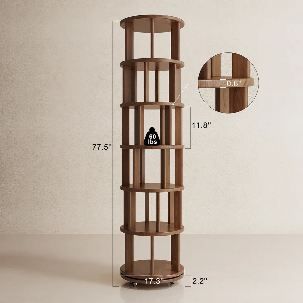 360° Rotating Solid Wood Bookshelf, Equipped with Brake Wheels, Allowing for Flexible Adjustment