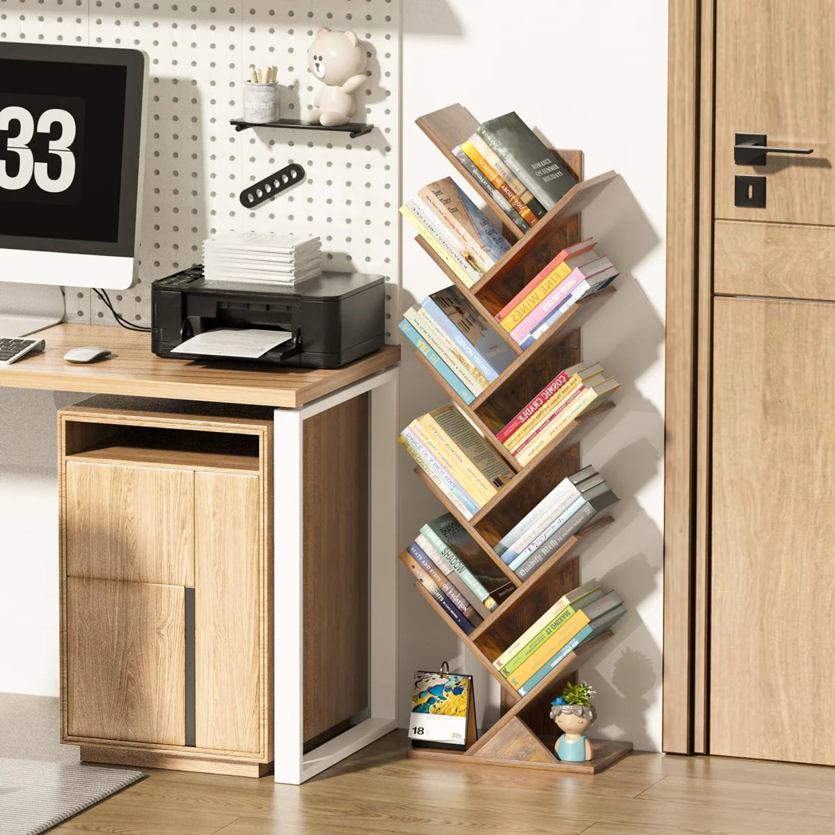 10 Tier Tree Book Shelf, Floor Standing Wood Bookshelf for Narrow Space, Storage Organizer Bookshelves for Books/CDs/Magazine, Bookcase with Shelves for Home Office, Living Room