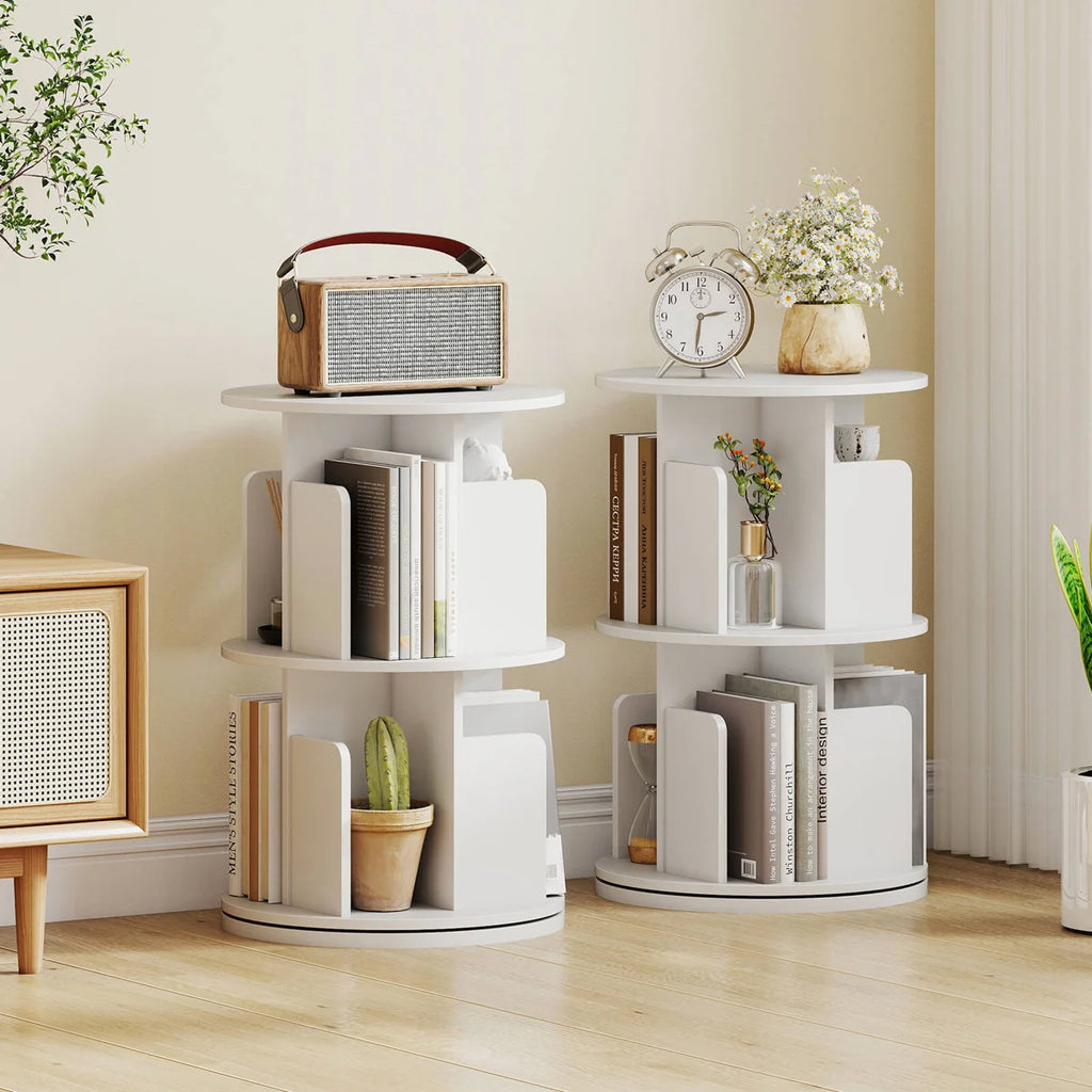 1 PCS 2-Tier Rotating Bookshelf 360° Display Rack with Dividers & Anti-falling Baffles White