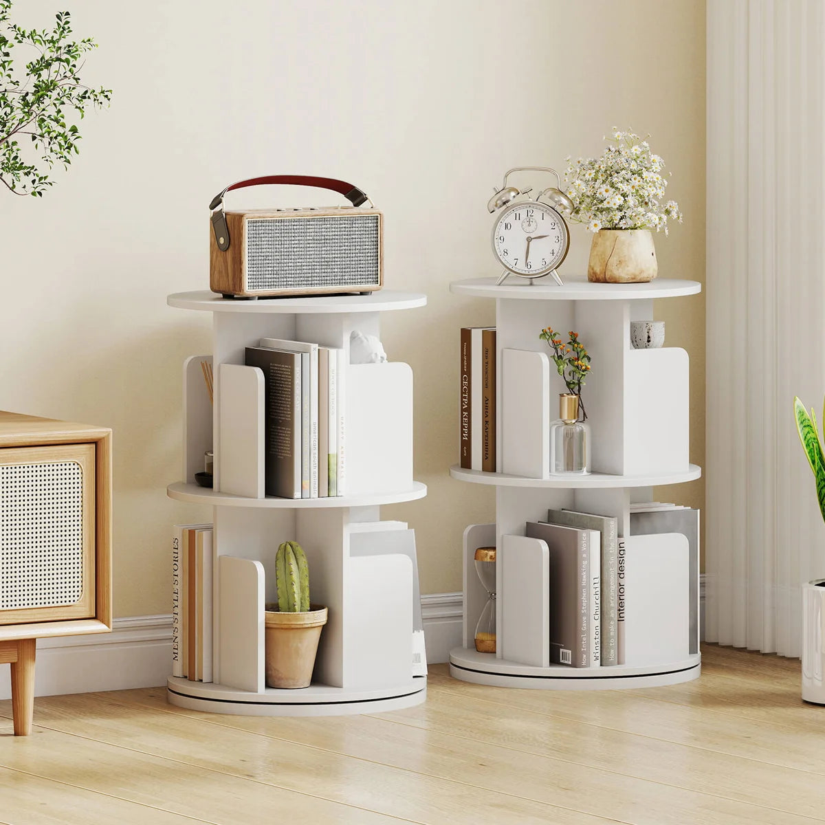 1 PCS 2-Tier Rotating Bookshelf 360° Display Rack with Dividers & Anti-falling Baffles White