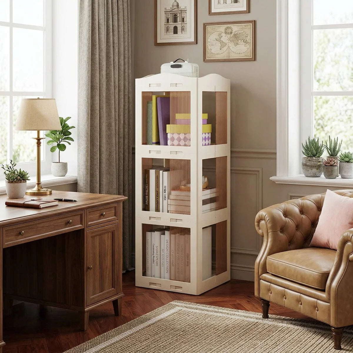 3-Tier Foldable 360° Rotating Storage Bookshelf, Stable Anti-Scratch Swivel Base & Dust-Proof Translucent Panels, Space-Saving Fits Study, Bedroom