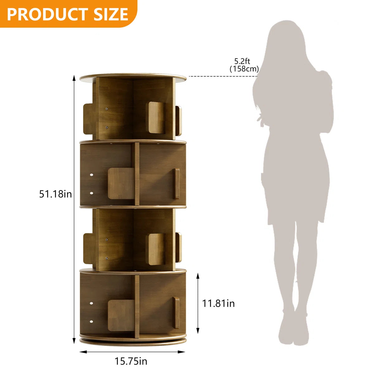51.18"H × 15.75" H 4-tier Rotating Bookcases Tower White, Wooden Spinning Bookshelves 360° Rotation Display, Revolving Bookcase Storage Round Carousel, Corner Free Standing Shelf For Book