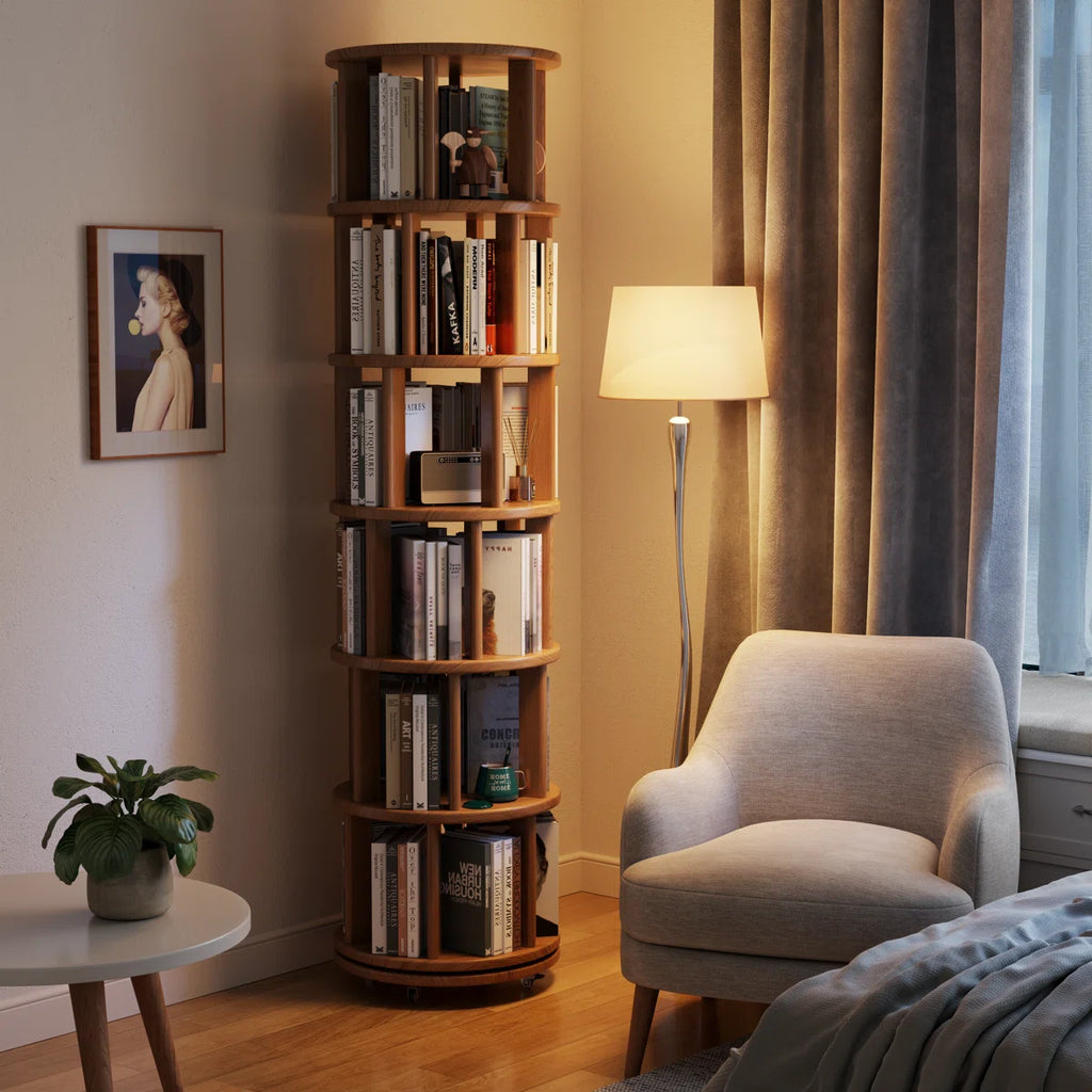 360° Rotating Solid Wood Bookshelf, Equipped with Brake Wheels, Allowing for Flexible Adjustment
