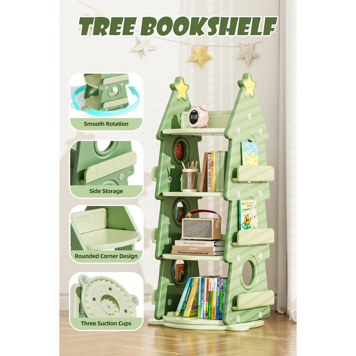 4 Tier Kids Rotating Bookshelf, 360°display Spinning Bookshelf Tower, Floor Standing Bookcase