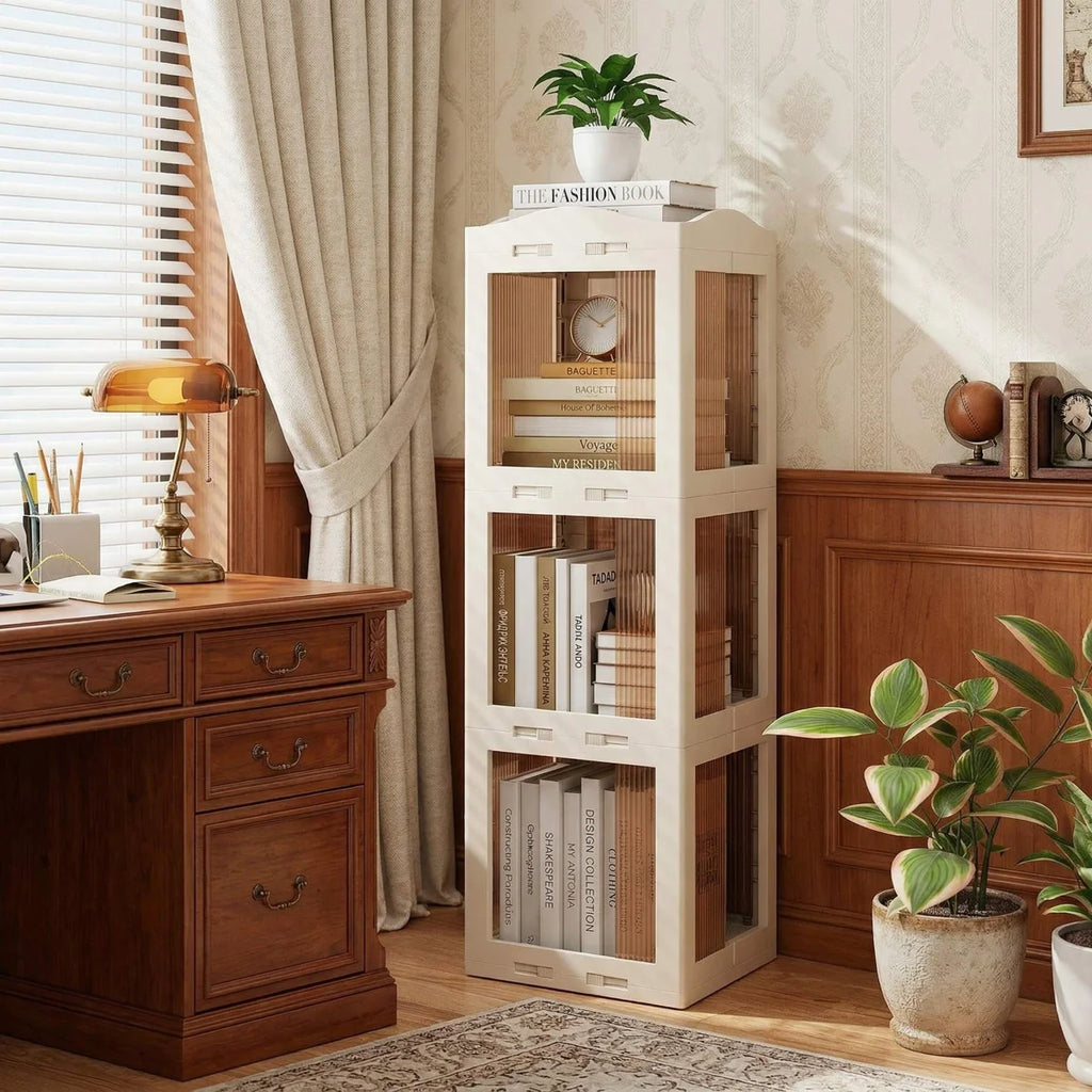 3-Tier Foldable 360° Rotating Storage Bookshelf, Stable Anti-Scratch Swivel Base & Dust-Proof Translucent Panels, Space-Saving Fits Study, Bedroom