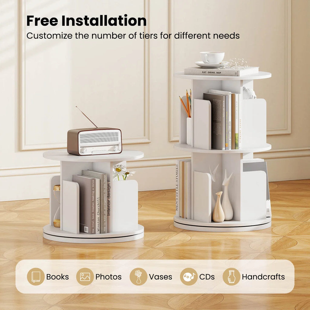 1 PCS 2-Tier Rotating Bookshelf 360° Display Rack with Dividers & Anti-falling Baffles White