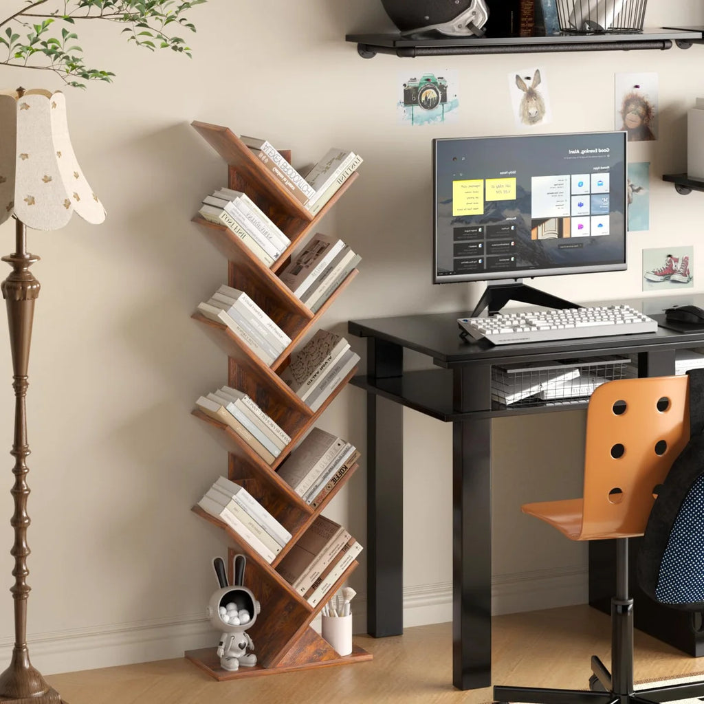 10 Tier Tree Book Shelf, Floor Standing Wood Bookshelf for Narrow Space, Storage Organizer Bookshelves for Books/CDs/Magazine, Bookcase with Shelves for Home Office, Living Room