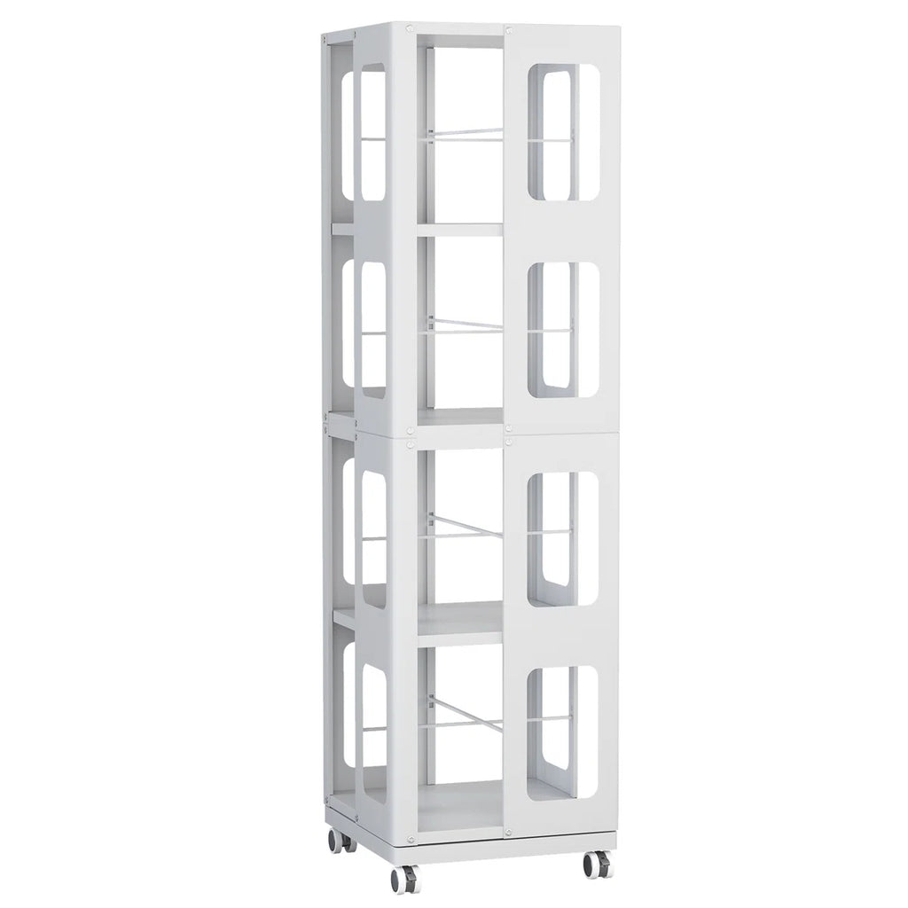 4-tier All-steel Rotating Bookshelf With 360° Wheels, Large Size Sturdy & Spacious Book Rack, New Style White Bookshelf,easy Assembly