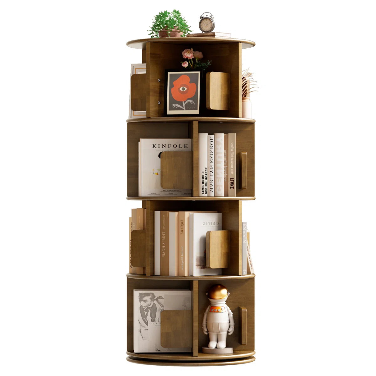 51.18"H × 15.75" H 4-tier Rotating Bookcases Tower White, Wooden Spinning Bookshelves 360° Rotation Display, Revolving Bookcase Storage Round Carousel, Corner Free Standing Shelf For Book