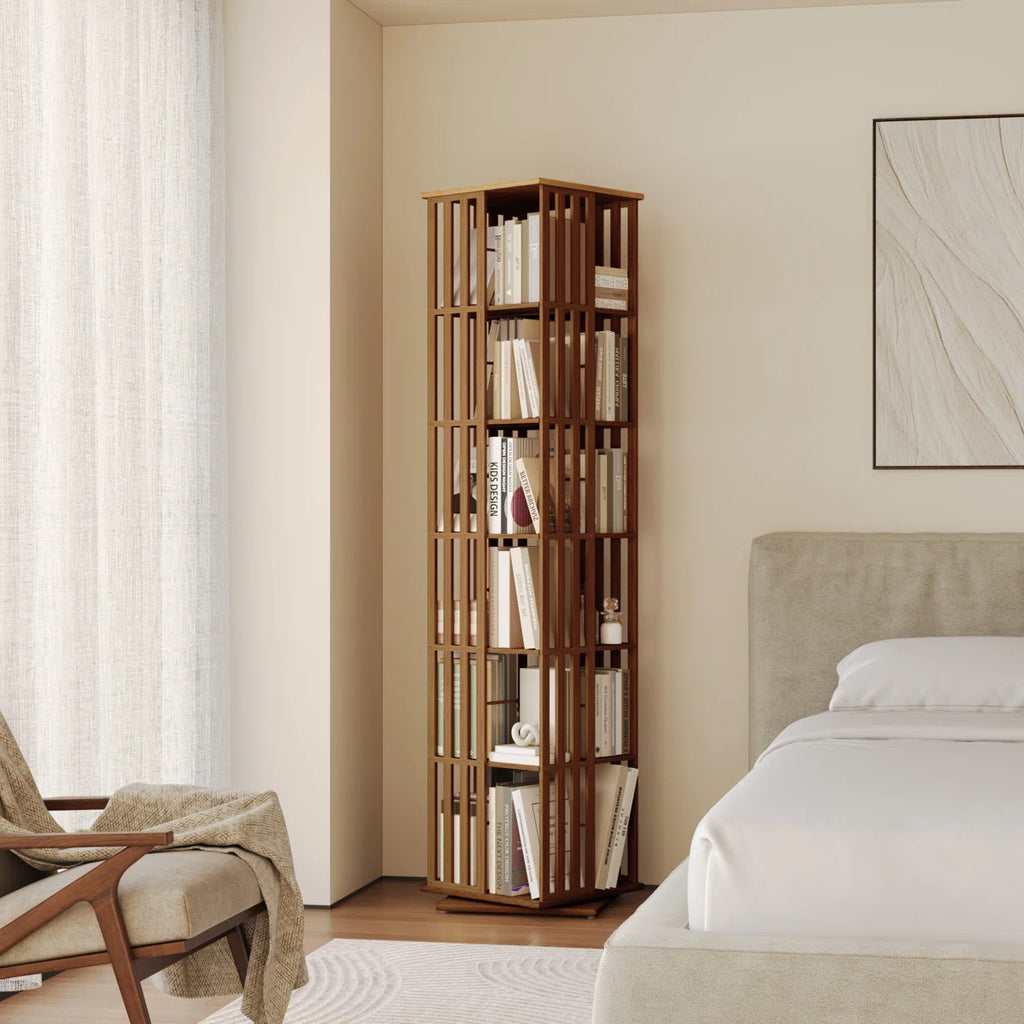 Rotating Bookcase Tower, 6 Tier Walnut Bamboo Corner Bookshelf With Display Organizer & Floor Storage Rack, 360°Swivel Narrow Space-Saving Design