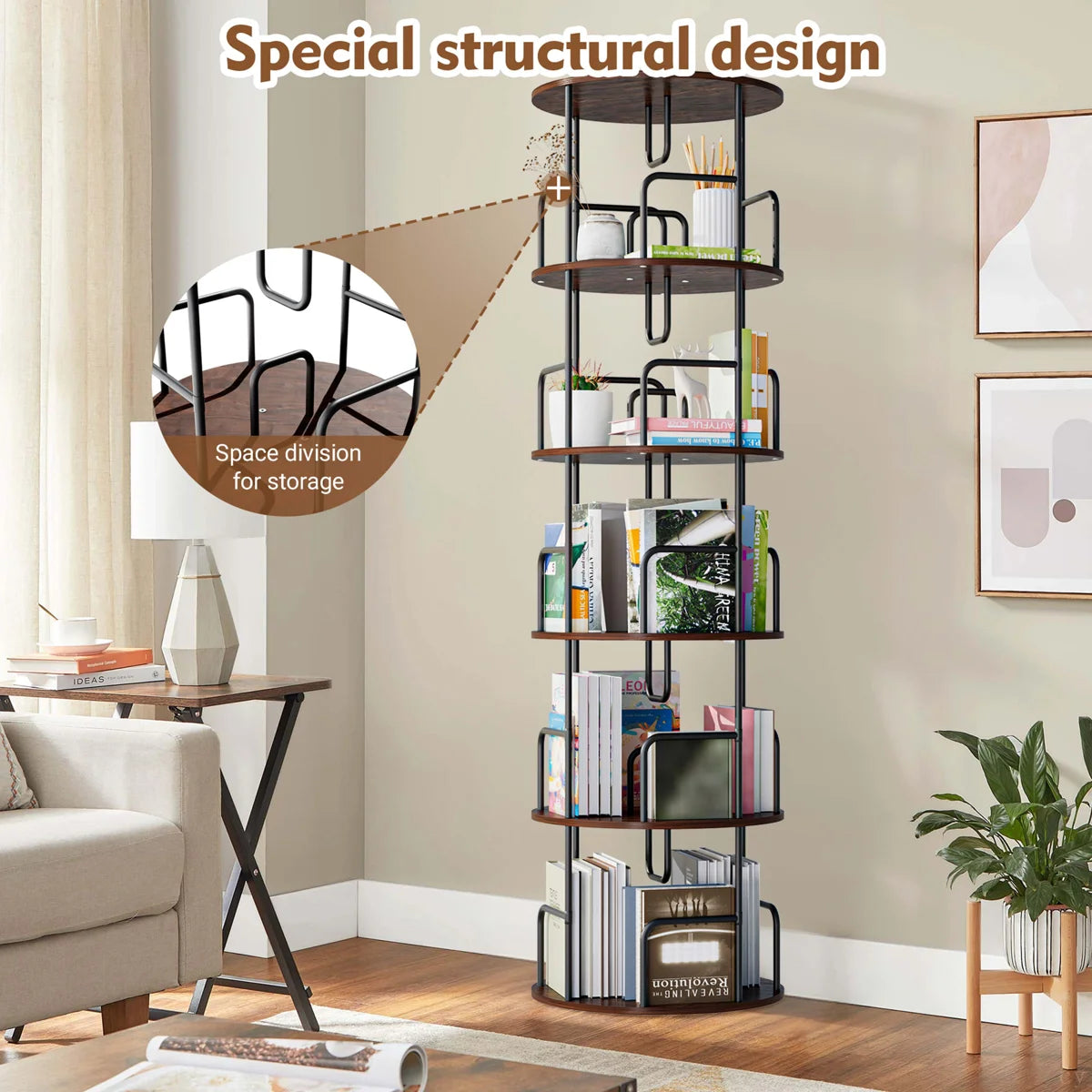 Rotating Bookshelf Tower 5 Tier, Spinning Bookcase, Revolving 360 Book Shelf Narrow Tall Bookcase, Vertical Turning Round Storage Bookshelf, Book Shelf Organizer For Bedroom, Living Room