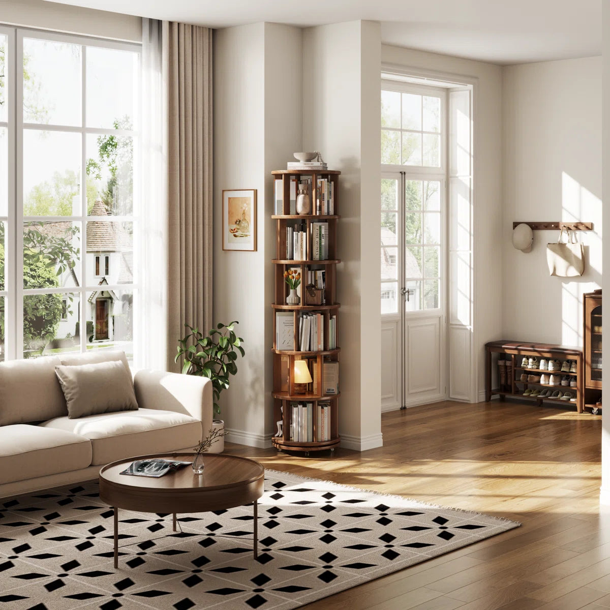 360° Rotating Solid Wood Bookshelf, Equipped with Brake Wheels, Allowing for Flexible Adjustment