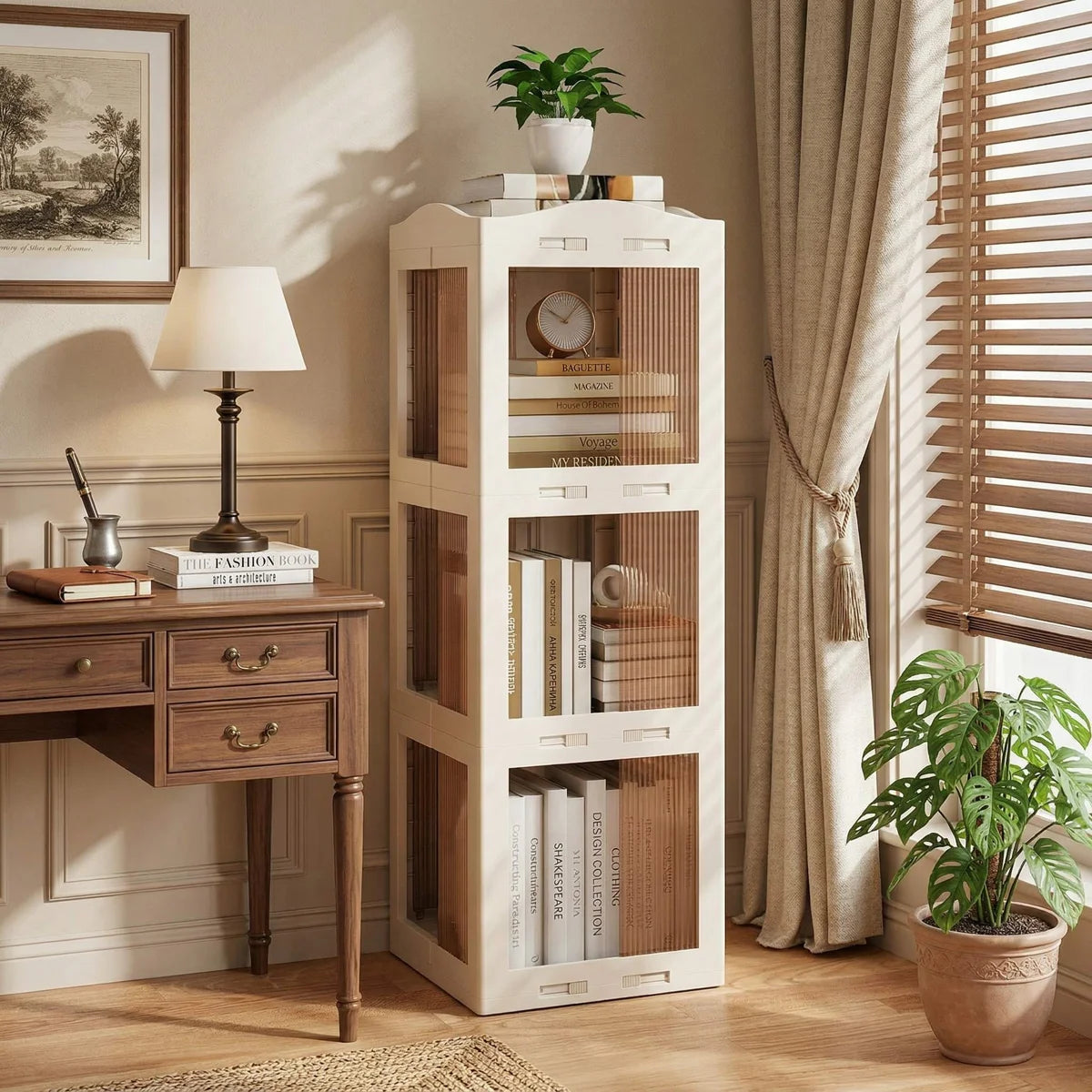 3-Tier Foldable 360° Rotating Storage Bookshelf, Stable Anti-Scratch Swivel Base & Dust-Proof Translucent Panels, Space-Saving Fits Study, Bedroom
