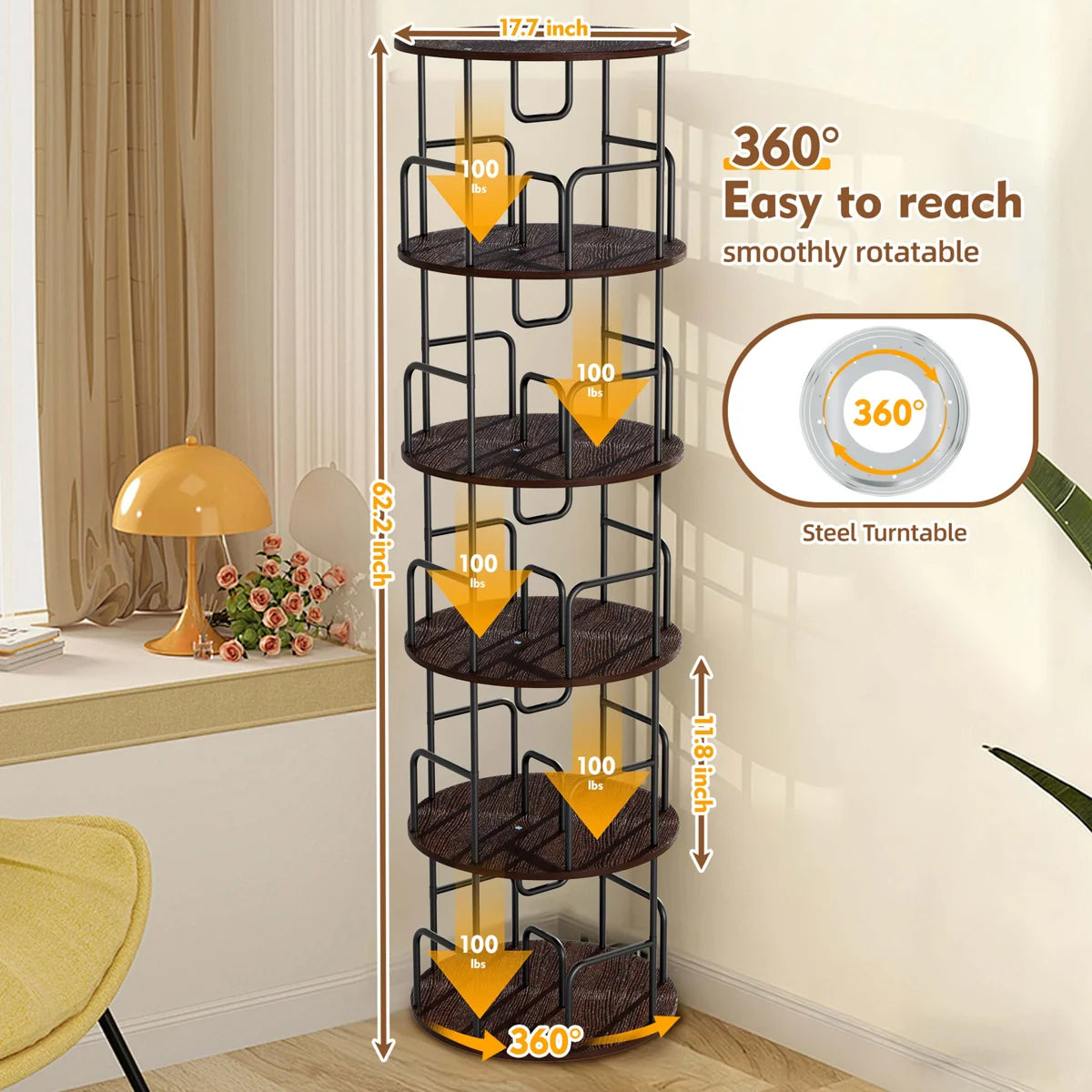 Rotating Bookshelf Tower 5 Tier, Spinning Bookcase, Revolving 360 Book Shelf Narrow Tall Bookcase, Vertical Turning Round Storage Bookshelf, Book Shelf Organizer For Bedroom, Living Room