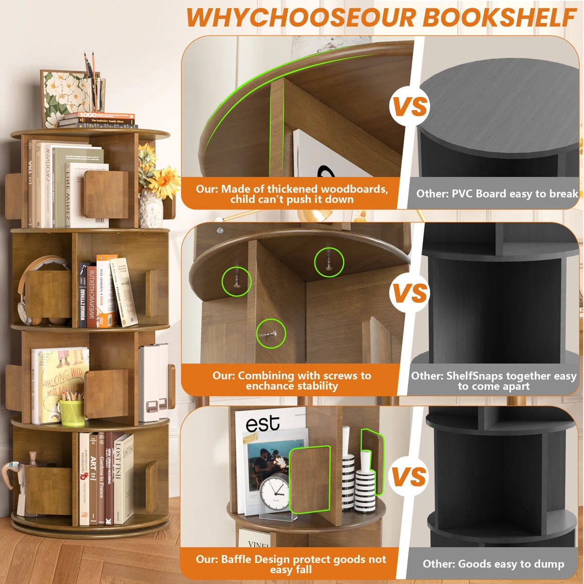 51.18"H × 15.75" H 4-tier Rotating Bookcases Tower White, Wooden Spinning Bookshelves 360° Rotation Display, Revolving Bookcase Storage Round Carousel, Corner Free Standing Shelf For Book