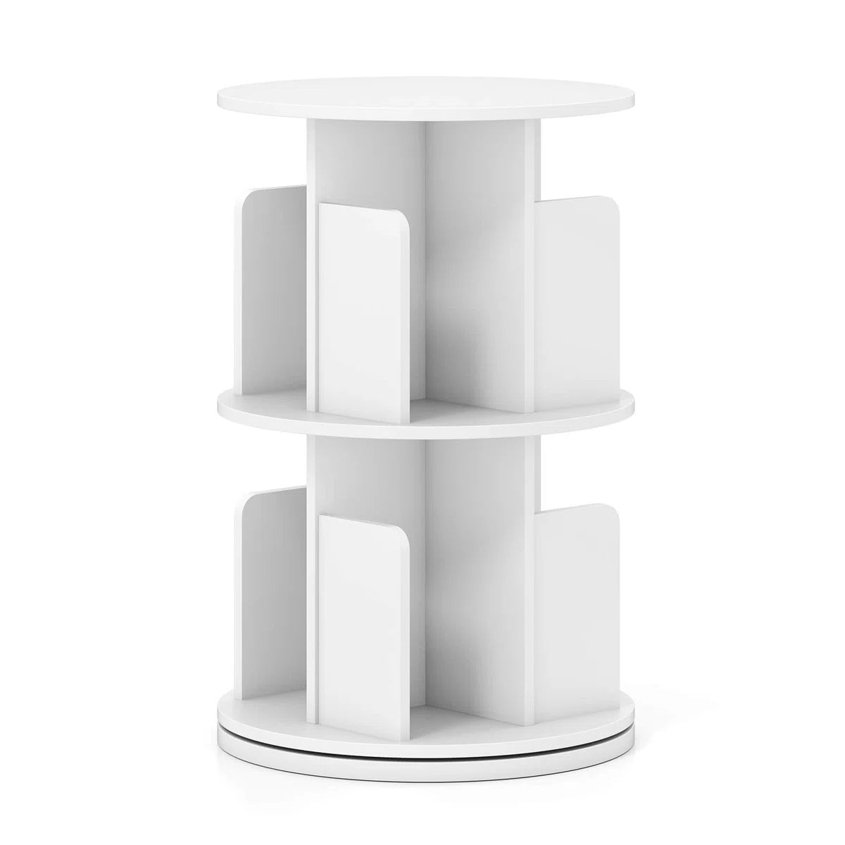 1 PCS 2-Tier Rotating Bookshelf 360° Display Rack with Dividers & Anti-falling Baffles White