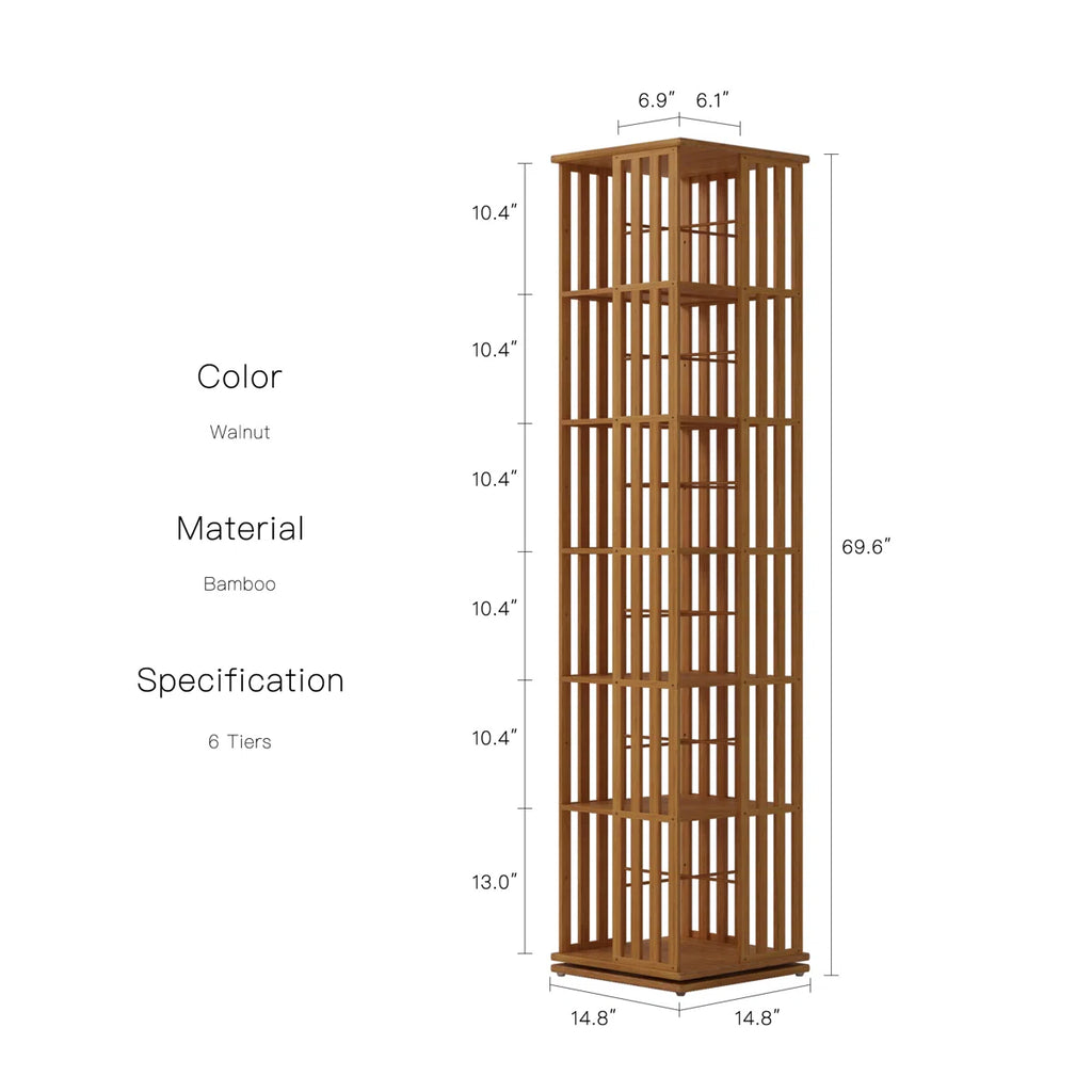 Rotating Bookcase Tower, 6 Tier Walnut Bamboo Corner Bookshelf With Display Organizer & Floor Storage Rack, 360°Swivel Narrow Space-Saving Design