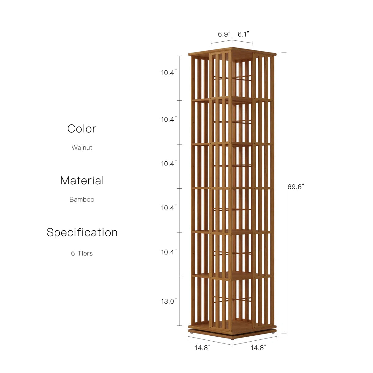 Rotating Bookcase Tower, 6 Tier Walnut Bamboo Corner Bookshelf With Display Organizer & Floor Storage Rack, 360°Swivel Narrow Space-Saving Design