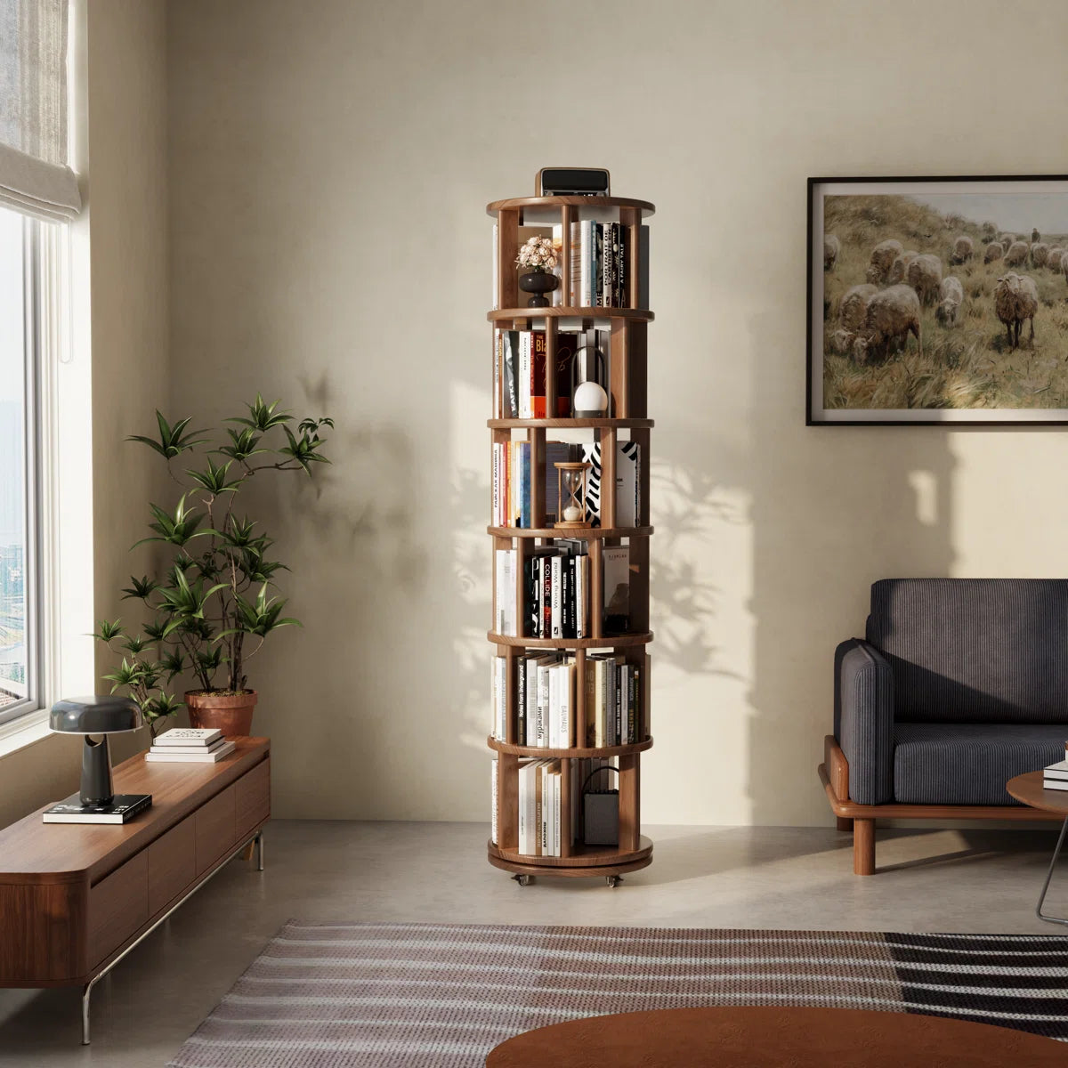 360° Rotating Solid Wood Bookshelf, Equipped with Brake Wheels, Allowing for Flexible Adjustment