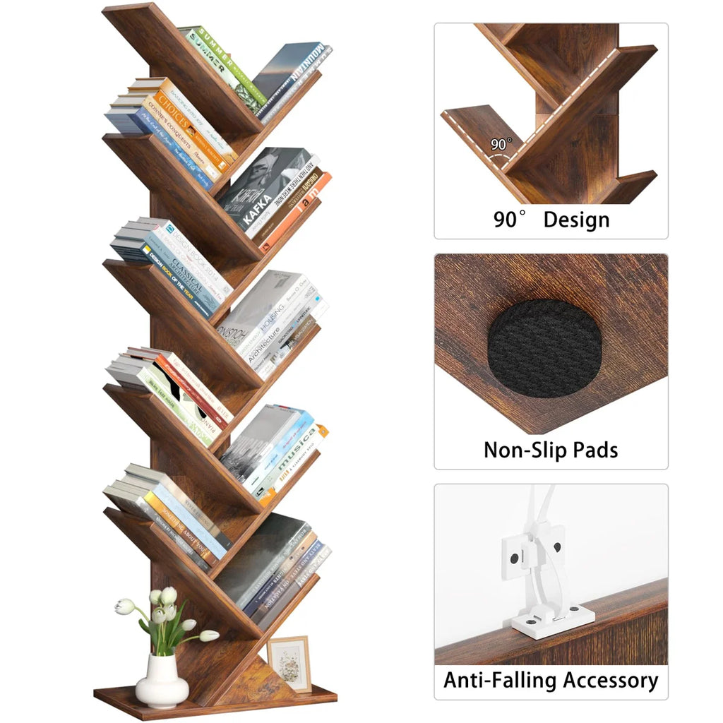 10 Tier Tree Book Shelf, Floor Standing Wood Bookshelf for Narrow Space, Storage Organizer Bookshelves for Books/CDs/Magazine, Bookcase with Shelves for Home Office, Living Room