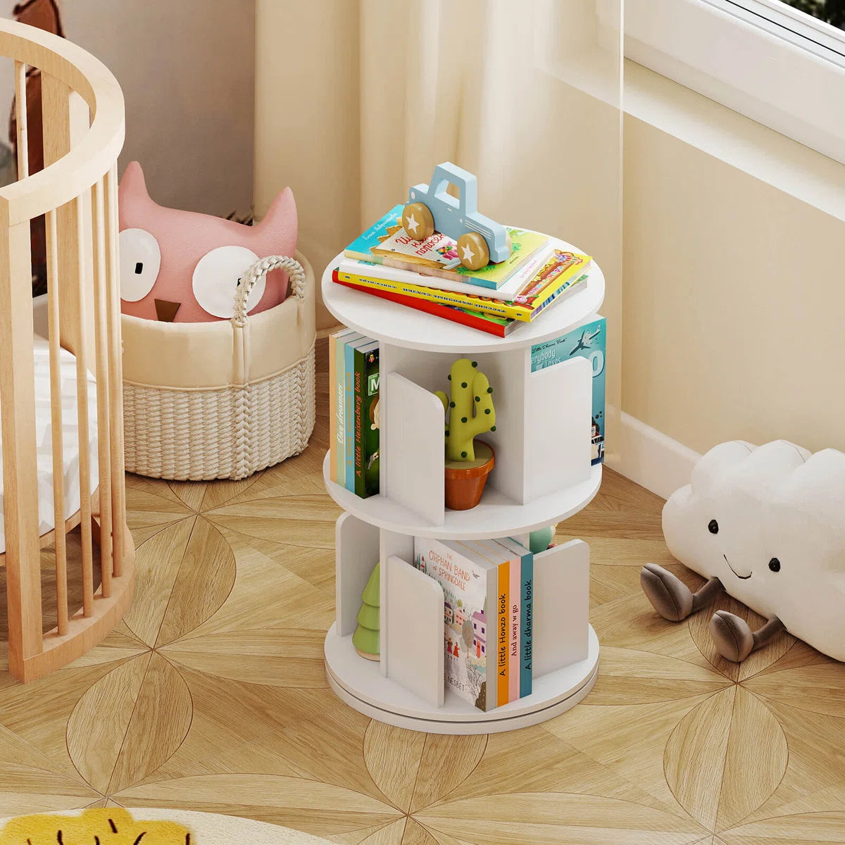 1 PCS 2-Tier Rotating Bookshelf 360° Display Rack with Dividers & Anti-falling Baffles White