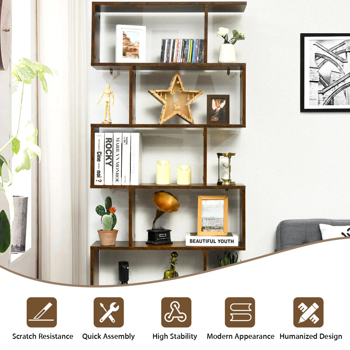 75'' H X 31.5'' W 6-Tier Geometric Bookcase