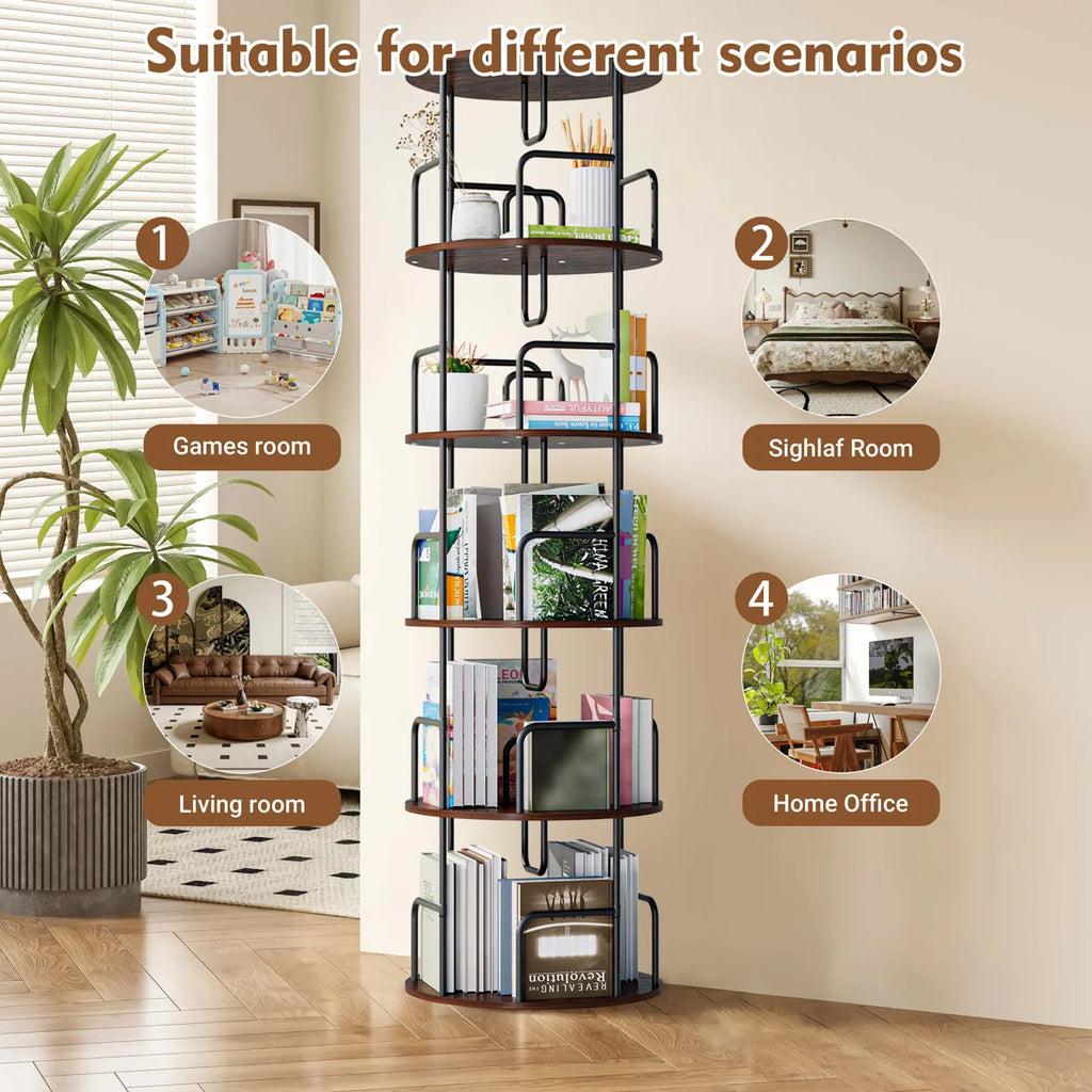Rotating Bookshelf Tower 5 Tier, Spinning Bookcase, Revolving 360 Book Shelf Narrow Tall Bookcase, Vertical Turning Round Storage Bookshelf, Book Shelf Organizer For Bedroom, Living Room