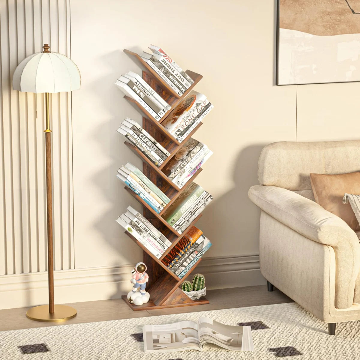 10 Tier Tree Book Shelf, Floor Standing Wood Bookshelf for Narrow Space, Storage Organizer Bookshelves for Books/CDs/Magazine, Bookcase with Shelves for Home Office, Living Room
