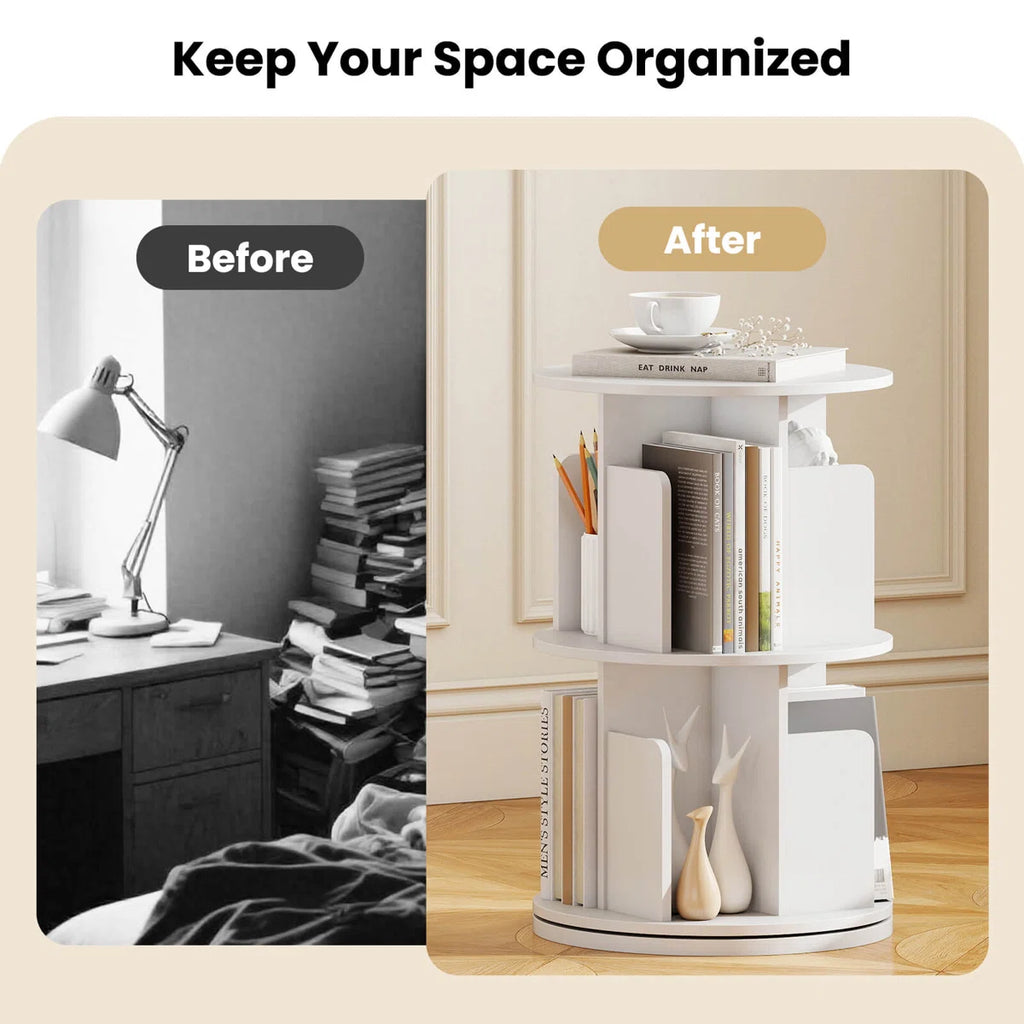 1 PCS 2-Tier Rotating Bookshelf 360° Display Rack with Dividers & Anti-falling Baffles White