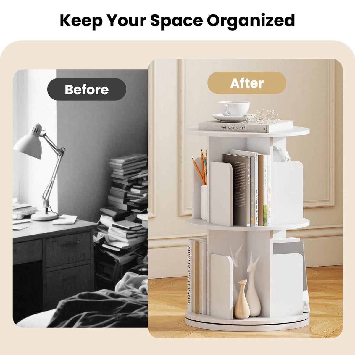 1 PCS 2-Tier Rotating Bookshelf 360° Display Rack with Dividers & Anti-falling Baffles White