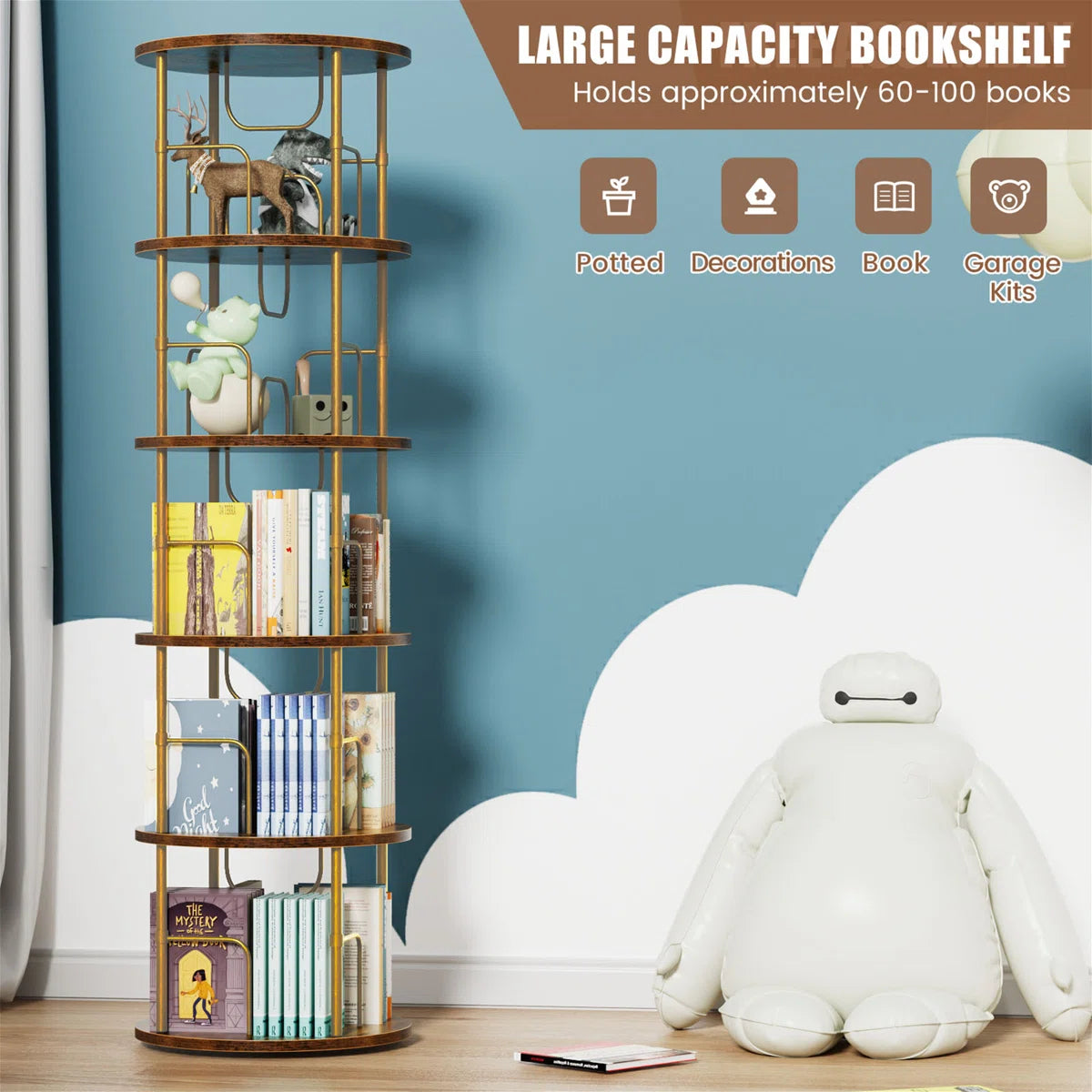 360° Rotating Bookcase, Storage And Display Spinning Corner Bookshelf For Home Office And Living Room