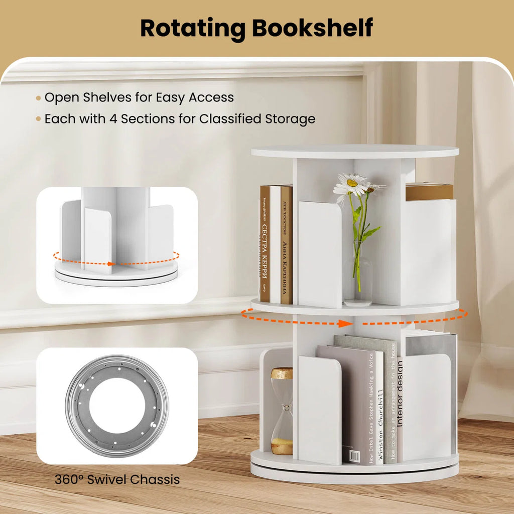 1 PCS 2-Tier Rotating Bookshelf 360° Display Rack with Dividers & Anti-falling Baffles White