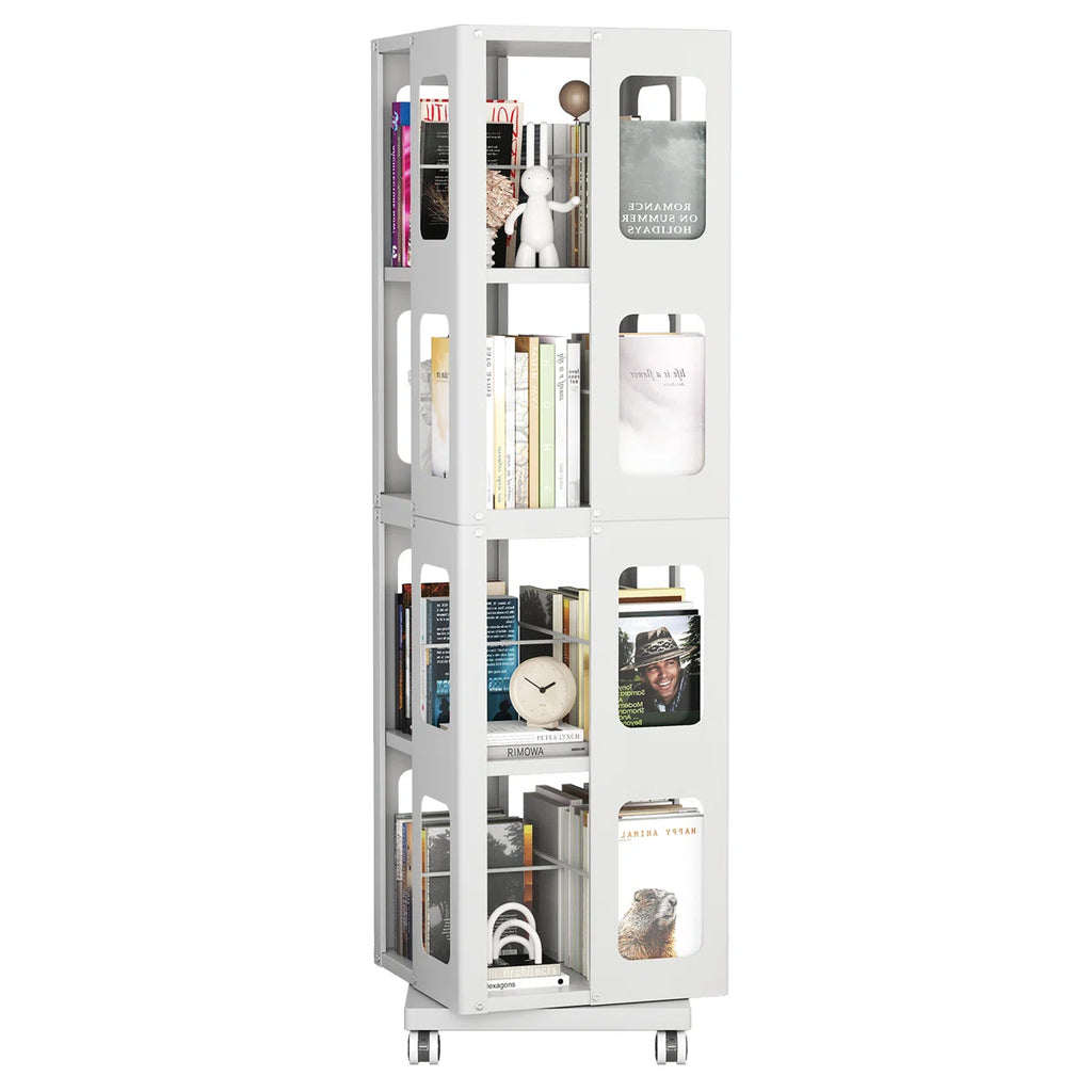4-tier All-steel Rotating Bookshelf With 360° Wheels, Large Size Sturdy & Spacious Book Rack, New Style White Bookshelf,easy Assembly