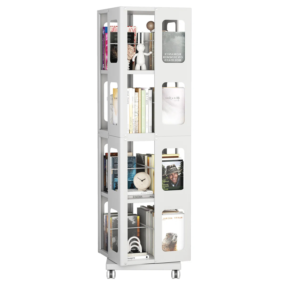 4-tier All-steel Rotating Bookshelf With 360° Wheels, Large Size Sturdy & Spacious Book Rack, New Style White Bookshelf,easy Assembly